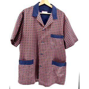 Vintage 90s Emidio Tucci Navy Red Geometric 100% Polyester Shirt